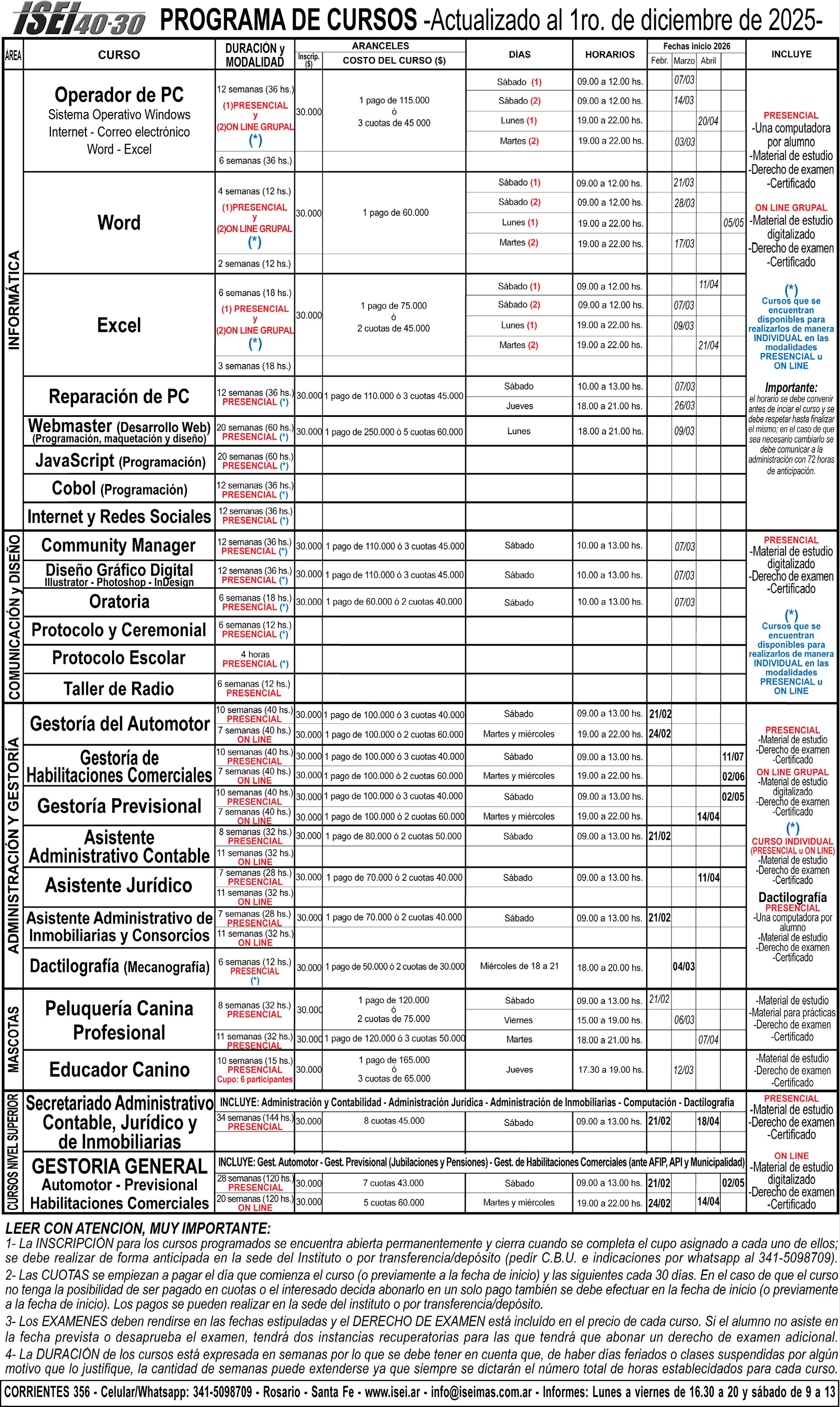Lista de cursos disponibles, horarios, aranceles y fechas de inicio